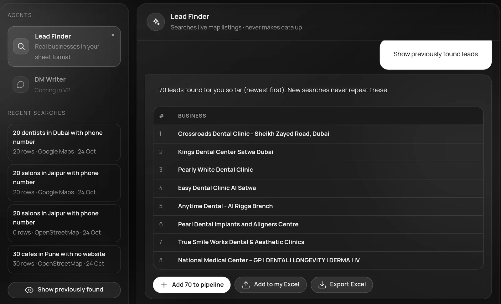 Studio OS Lead Finder showing real businesses it found from live map listings