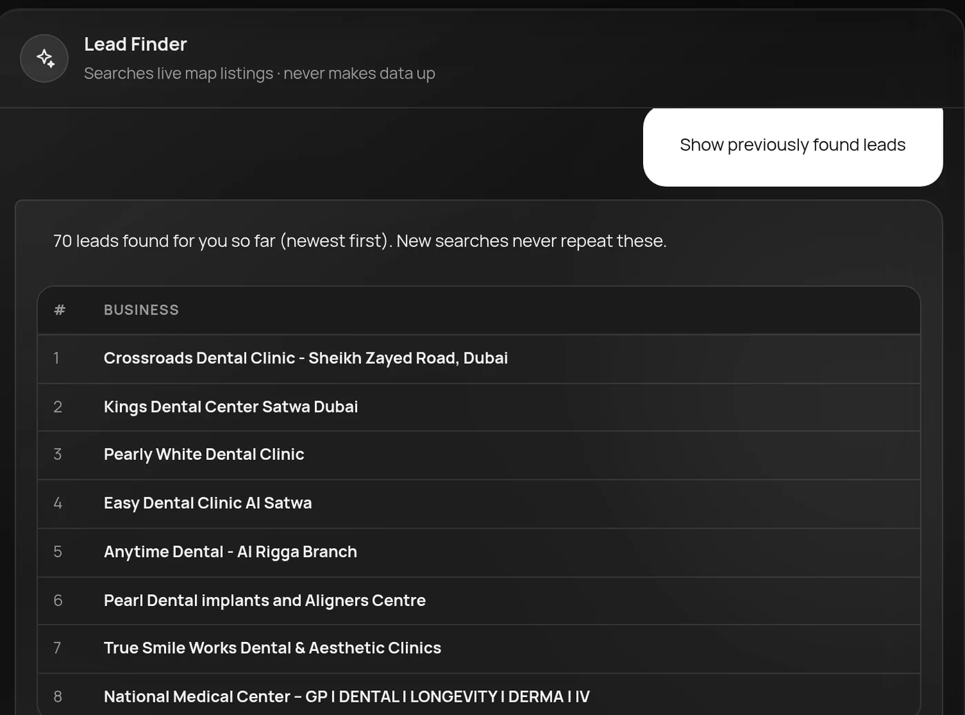 Lead Finder results list in Studio OS