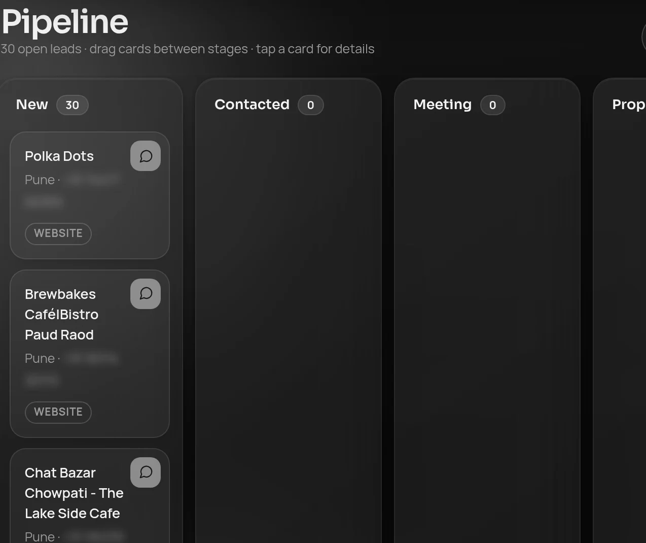 Studio OS pipeline board with lead stages