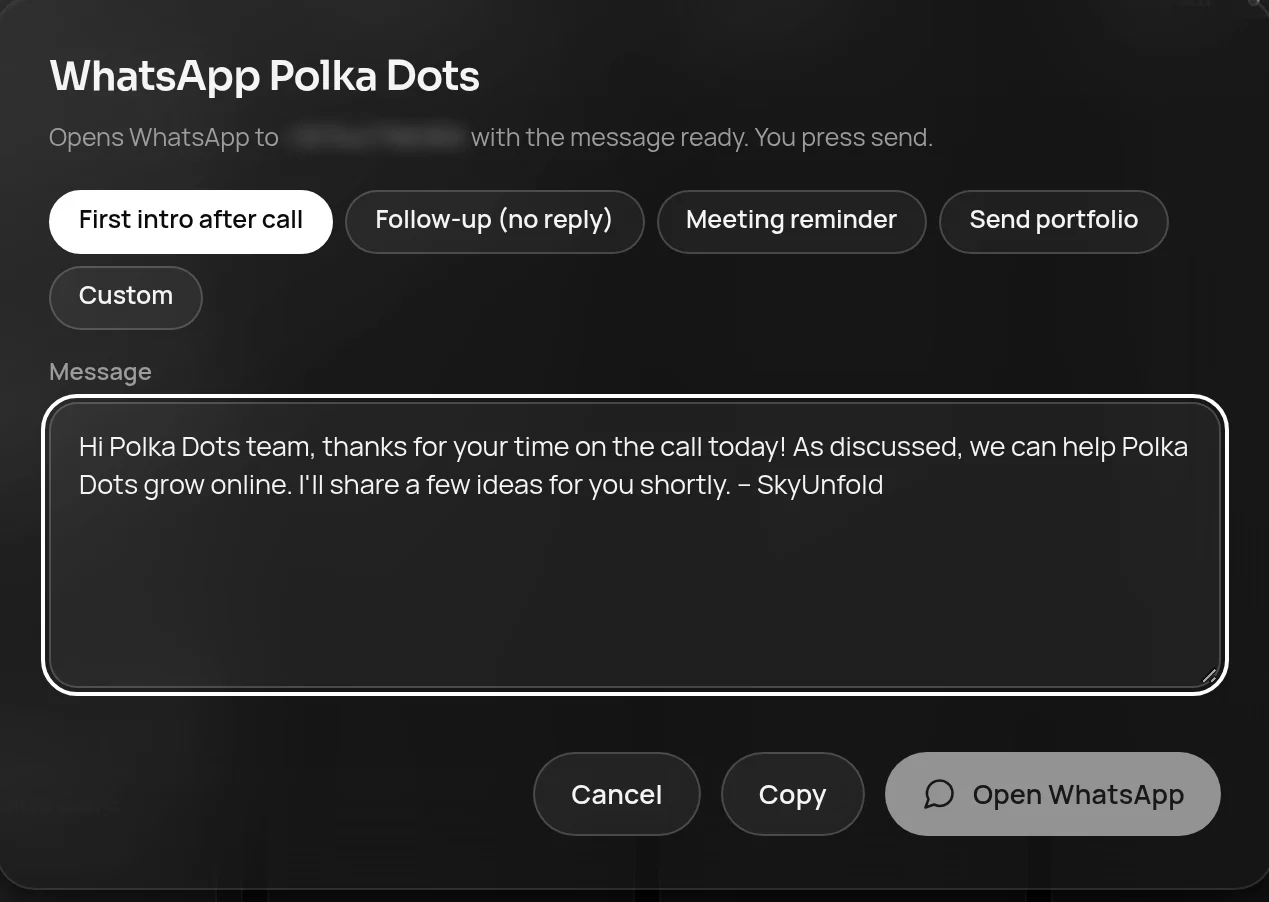 Choosing a WhatsApp message template for a lead in Studio OS
